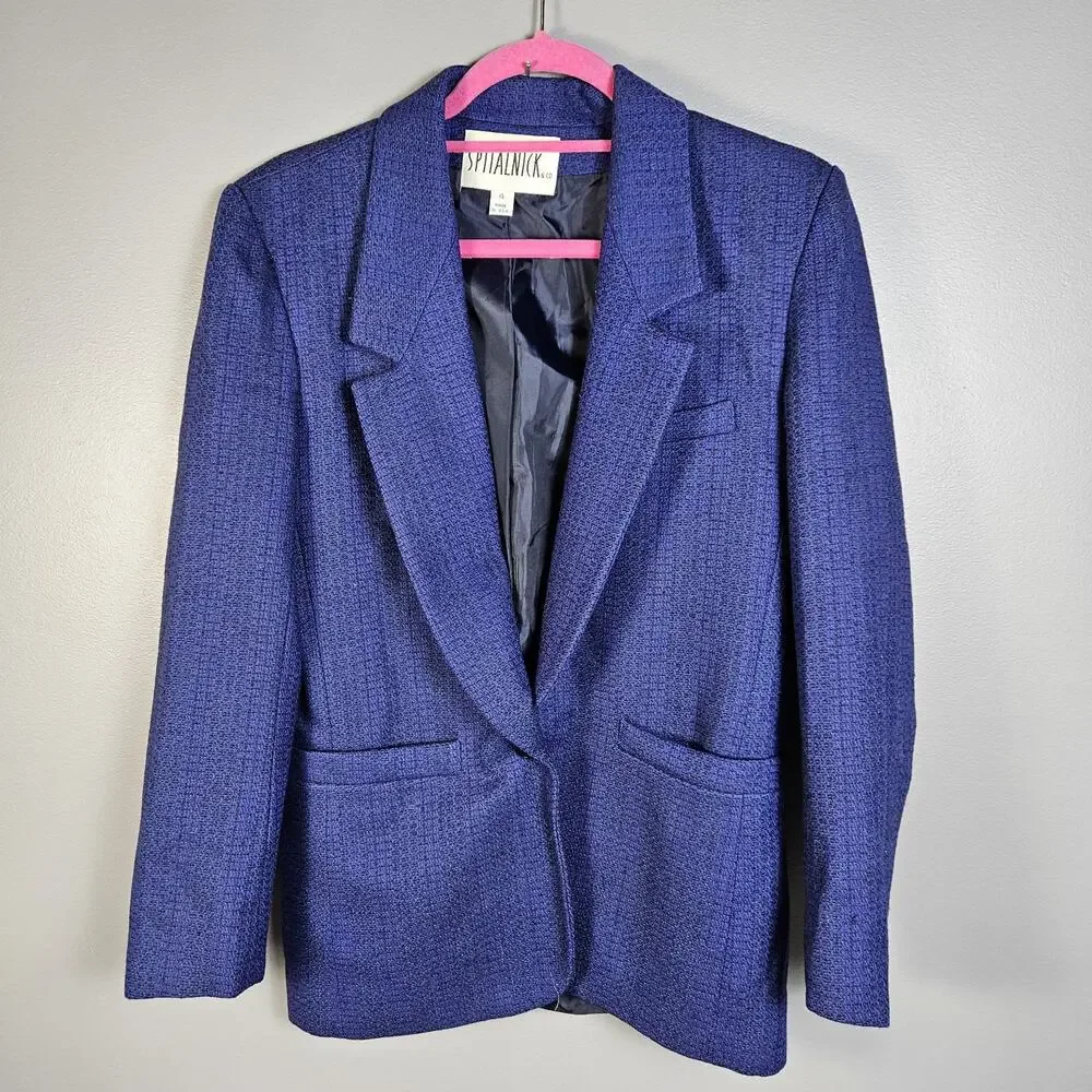 Vintage Spitalnick & Co. Blue Blazer One Button Green Accent Wool Blend Size 4